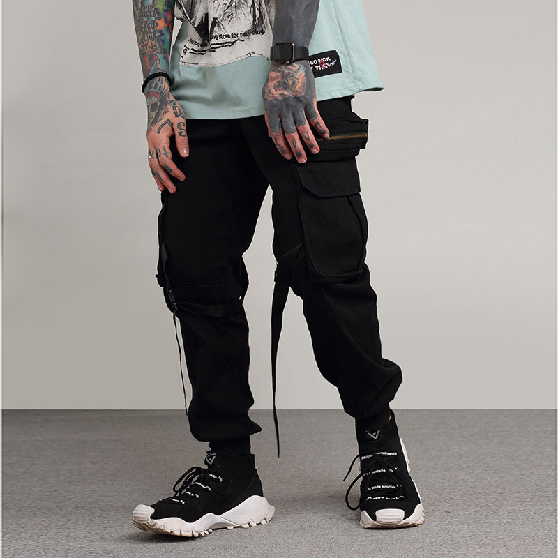 

camouflage hip hop kpop casual Cargo Pants hombre modis pantalones streetwear trousers harajuku pencil pants men many pockets, Black