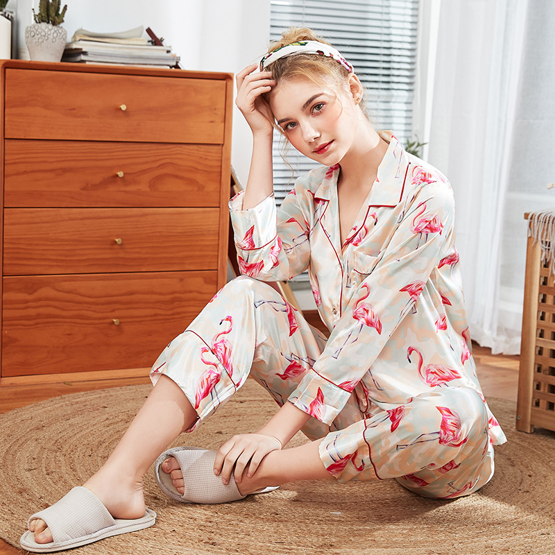 

New Pajama Set Women Spring Satin Silk Sleepwear Lady Long-sleeved Trousers Home Clothing Fashion 2 Piece Sets Nightshirt TZ1116
