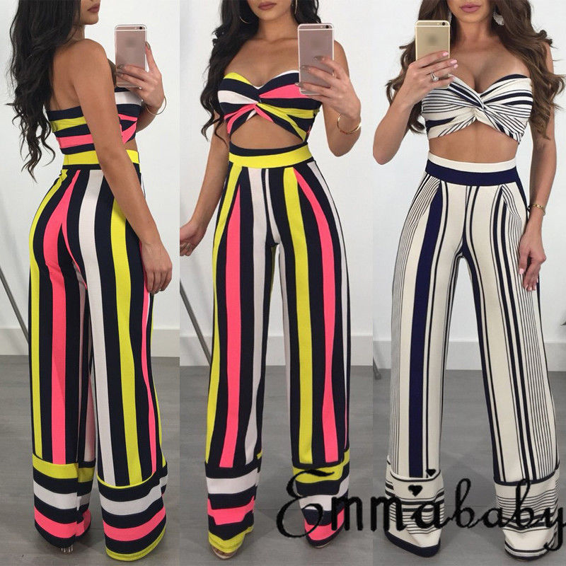 

2PCS Womens Striped Clothes Sets New Fashion Summer Clubwear Casual Crop Tops+Wide Legs Pants Fashion Sets For Female, Multi
