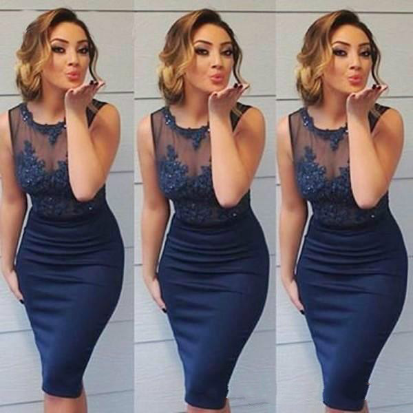 

Sexy Column Evening Party Gowns Sheer Crew Neck Sleeveless Lace Appliqued Top Short Knee Length Cocktail Dresses, Same as picture