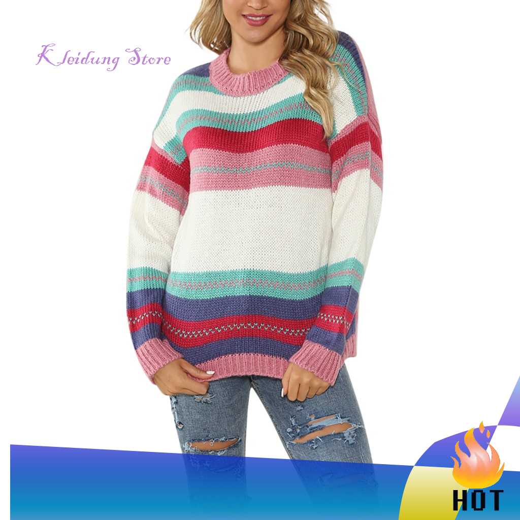 

2019 Women O-Neck Long Sleeve Color Block Striped Print Knitted Sweater Pullover Top, Beige