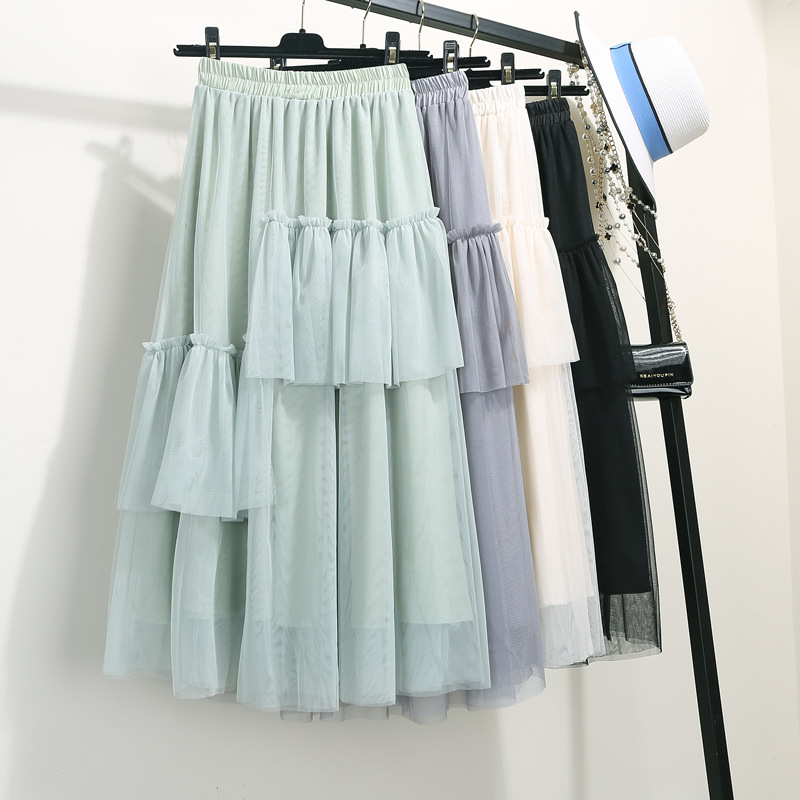 

Spring New Irregular Long Mesh Skirts Women Elastic High Waist Tulle Skirts Vintage Cake Layered Tulle Pleated Jupe Femme, Black
