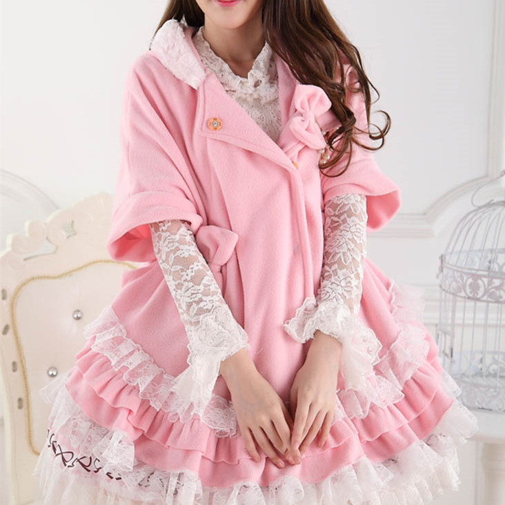 

2016 winter fleece pink cute cloak batwing sleeve bow tie super soft lace coats women sweet lolita princess overcoat outerwear, As pic