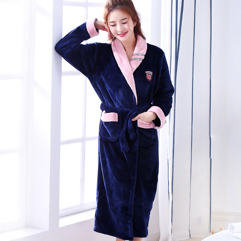 

Chinese Female Coral Fleece Robe Kimono Gown Winter Thick Warm Nightgown Sleepwear Women Casual Home Wear Plus Size 3XL, Blue