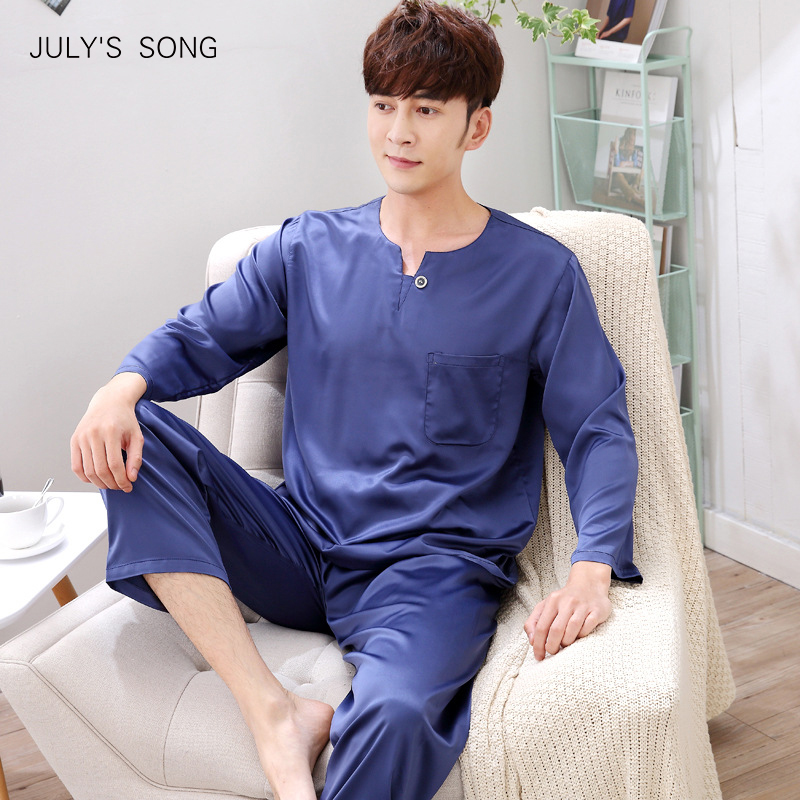 

JULY'S SONG Satin Faux Silk Male Nightwear Solid Long Sleeve Pocket Soft Men's Sleepwear Pajamas Sets Casual Homewear Pyjamas, 04