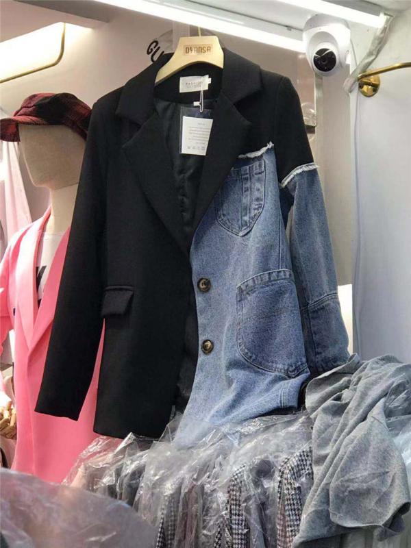

New Female Korean Denim Irregular Stitching Personality Fashion Loose Suit Jacket Women Tide Vintage Jeans Blazer Coat f2845, Blue stripe style 1