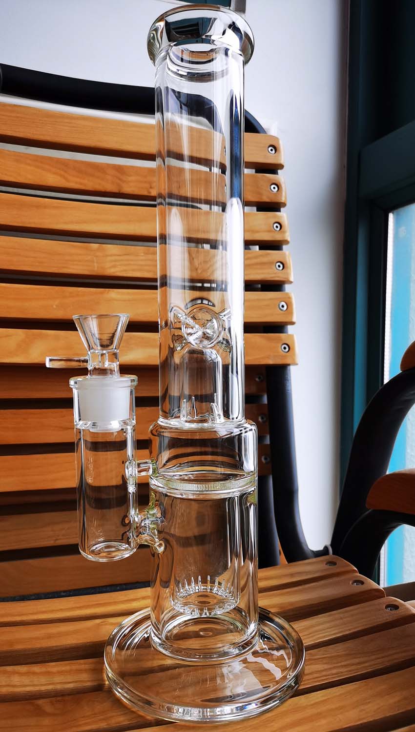 

Quality 7mm thickness Glass water pipe bong art with percolator 14inch height 18mm female free shipping
