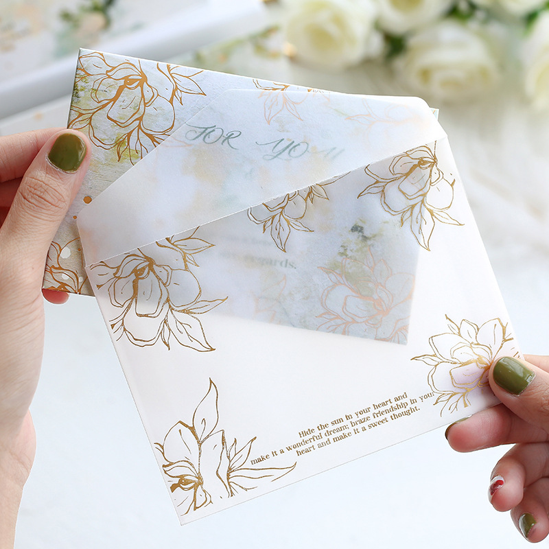 

4 Pcs Transparent Envelope + Bronzing Greeting Card Colorful Flower Pattern Gift Party Wedding Message Card Stationery 03255