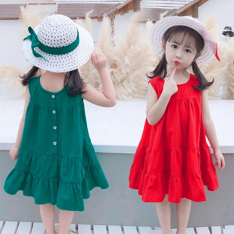 

Baby Kids Girls Dress With Hat Cap Outfit Solid Ruched Princess Dress Cotton Beachwear Straw Solid Summer Vestido Infantil, Green