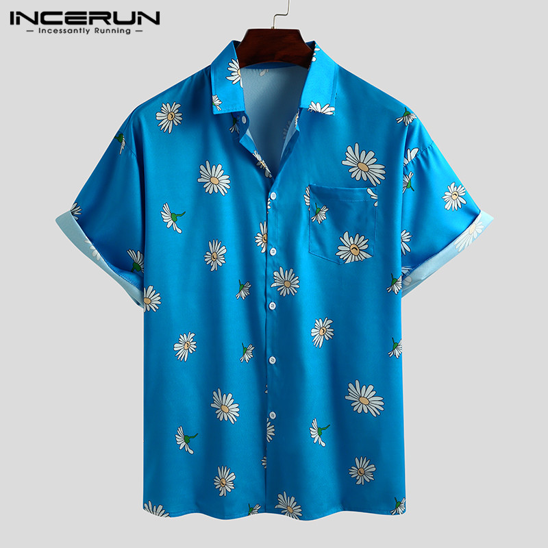 INCERUN Flower Printed Shirt Men Summer Lapel Short Sleeve Streetwear Loose Casual Hawaiian Shirts Mens 2020 Beach Chic Chemise