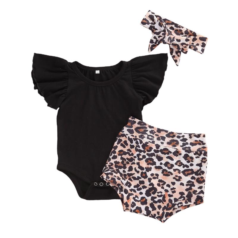 

Newborn Infant Baby Girls Boys Clothes Sets Black Ruffles Sleeve Romper Tops Leopard Shorts Headband 0-18M, As pic