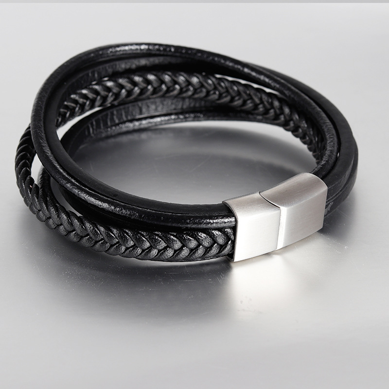 

2019 Classic Genuine Leather Bracelet For Men Multilayer Black Brown Woven Rope Wristband Stainless steel clasp Boys Cool Jewelry Bulk