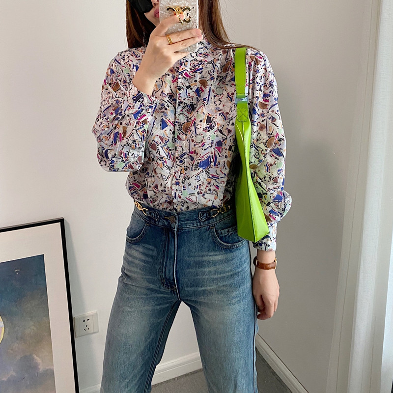 

Geometric print Women Shirt 2020 New Autumn and Winter Long Sleeve Blouse Female Single-breasted Shirts and Top, A blouse