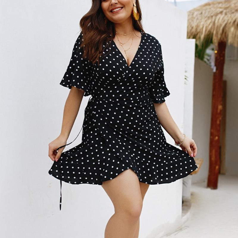 

Bohemian Short Dress Summer Beach Women Mini Dresses Casual Short Sleeve V-Neck Polka Dot Wrap Holiday Party Night Ladies Dress, Navy blue