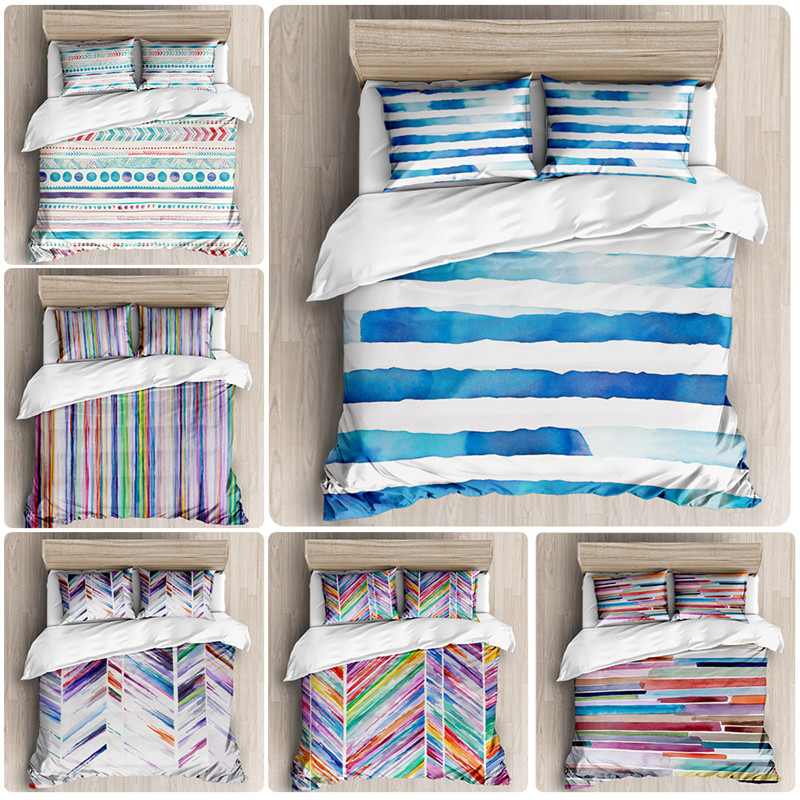 

New watercolor stripe three-piece bedding geometric graphics bedding pillowcase quilt cover