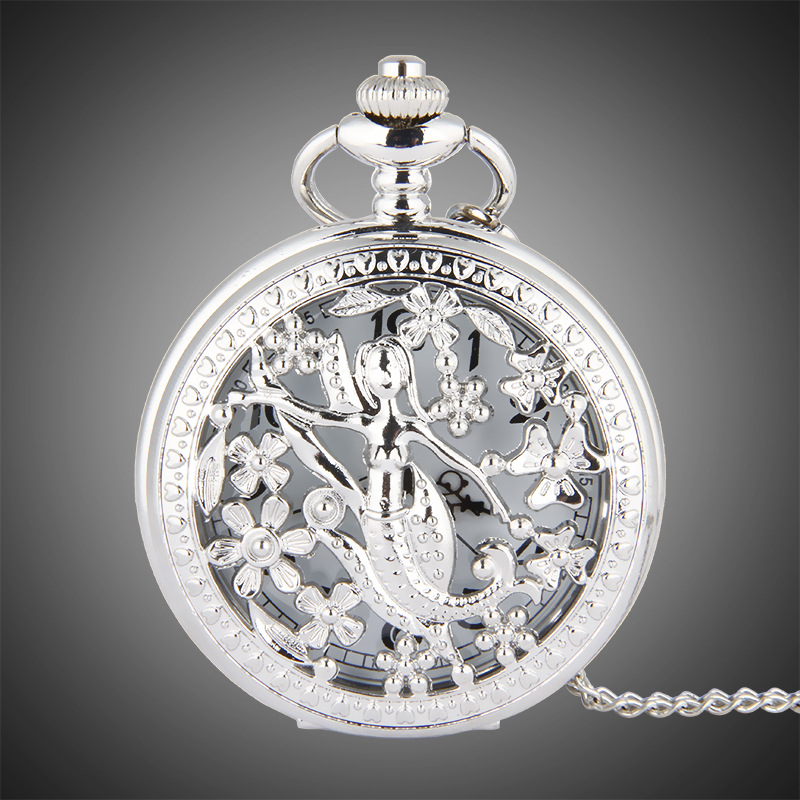 

TFO Pocket Watch Silver Hollow Petals Surround Dancing Mermaid Design Pendant Ladies Fashion Gift Necklace, Sliver