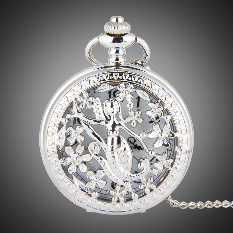 

TFO Pocket Watch Silver Hollow Petals Surround Dancing Mermaid Design Pendant Ladies Fashion Gift Necklace, Sliver