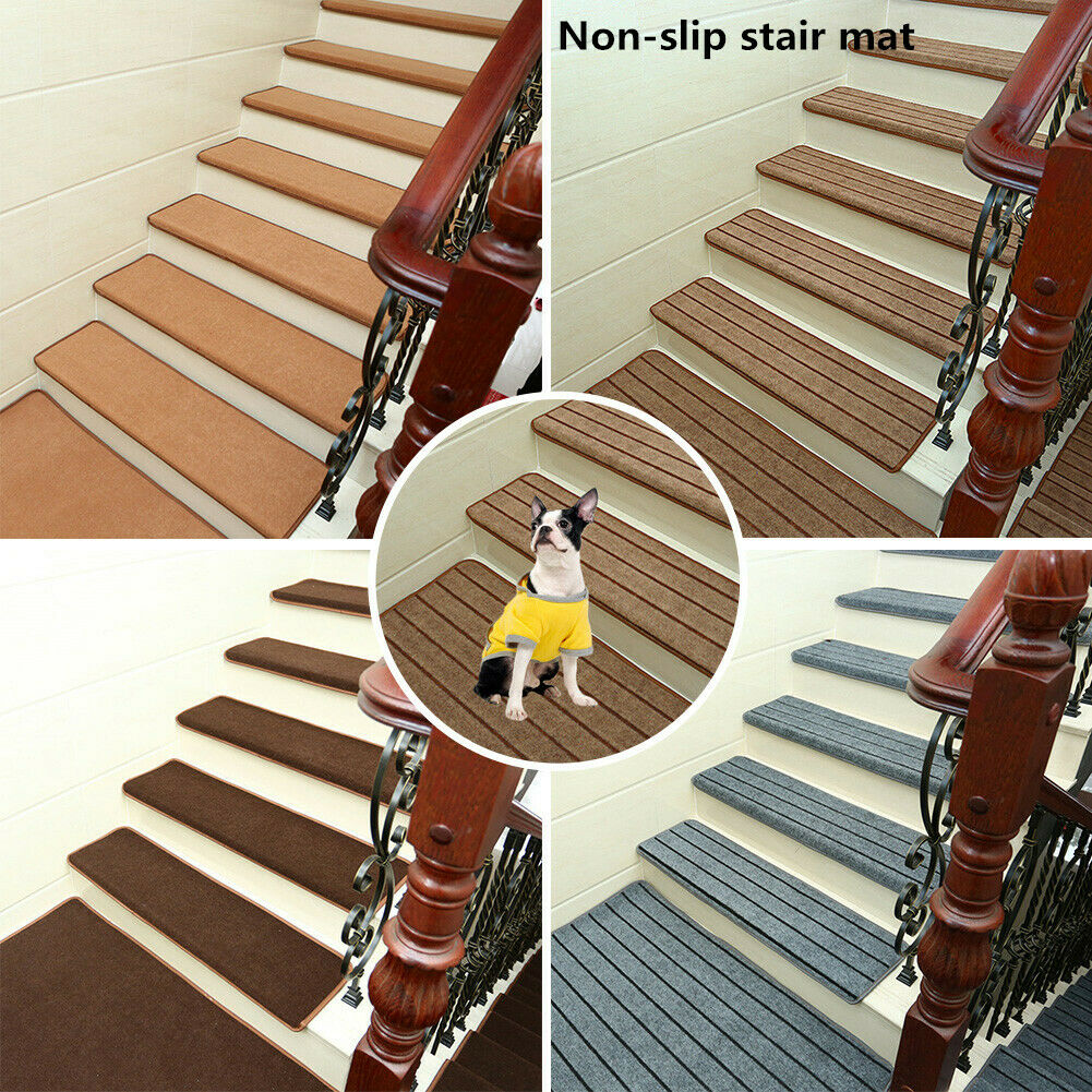 

13Pcs/Set Rectangle Stairs Mat Non-slip Adhesive Carpet Stair Treads Mats Pads Staircase Step Rug Stair Protection Cover, Camel stripes