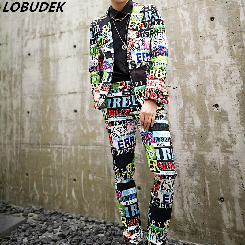 

Tide Men's Hip Hop Rap Singer Stage Suit Korean Style Letter Graffiti Printed Jacket Pants 2 Pieces Outfit Concert Show Costume, Picture color