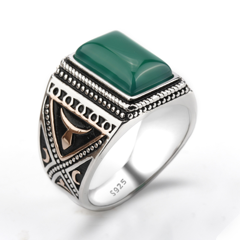 

925 Sterling Silver Setting Green Agate Geometric Stone Ring Punk Style for Men Finger Ring Jewelry