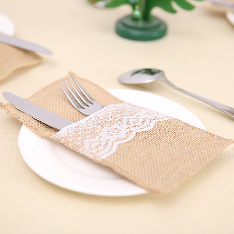 

6pcs Linen Lace Christmas Wedding Decorative Tableware Knife Fork Covering Bag Home Decor Silveware Holders Pocket Dinner Decor