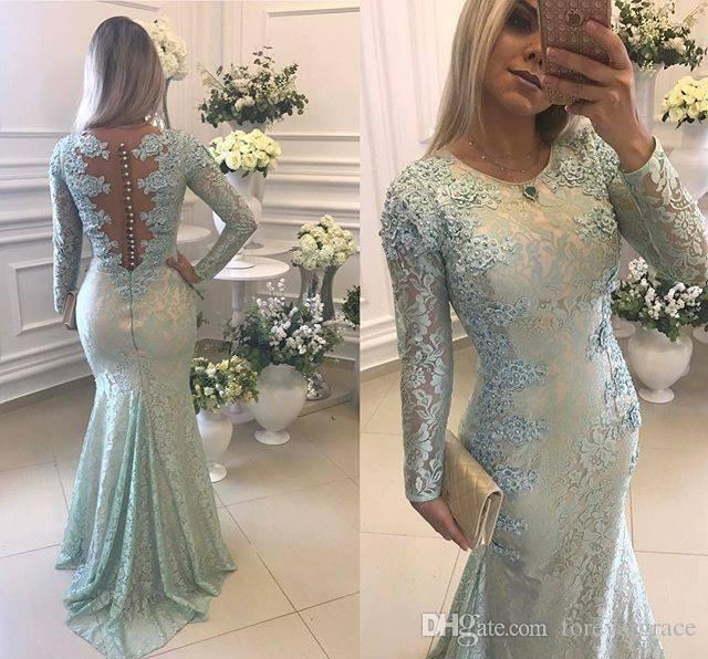 

2019 Sage Mermaid Evening Dress Jewel Neck Long Sleeves With Lace Applique Formal Holiday Wear Prom Party Gown Custom Made Plus Size, Water melon