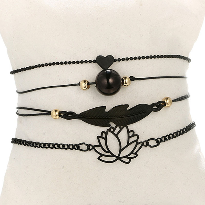

New Jewelry Black Love Heart Hollow Lotus Ball Leaves Bracelet Women's Bracelets 1 Set = 4 Pieces