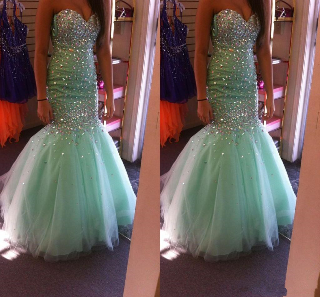 

Glitz Mermaid Mint Green 2k16 Prom Dresses New Sweetheart Formal Evening Dresses Crystal Beading Bling Tulle Long Sweep Train Party Gowns, Yellow