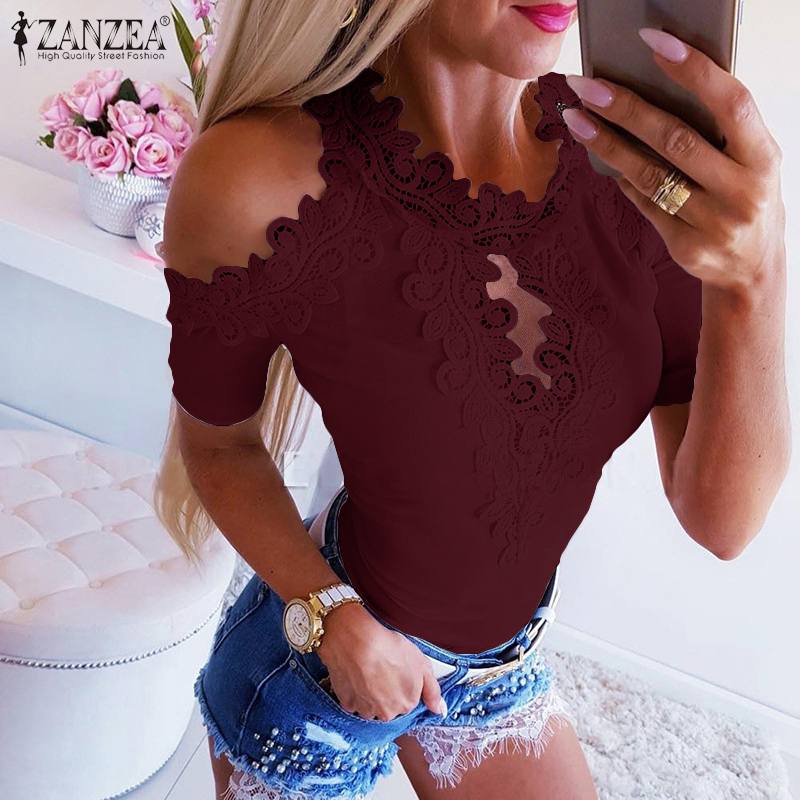 

ZANZEA Summer Off Shoulder Blouse Women Lace Crochet Short Sleeve Tops Femme Casual Patchwork Shirts Sexy Hollow Out Slim Blusas, Black