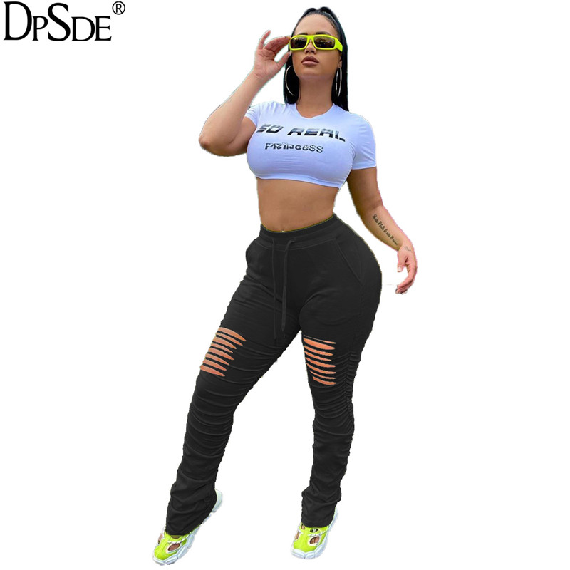 

DPSDE women fashion 2020 new casual hip hop style long pants elastic high wasit pocekts pure color broken hole long pants, Black