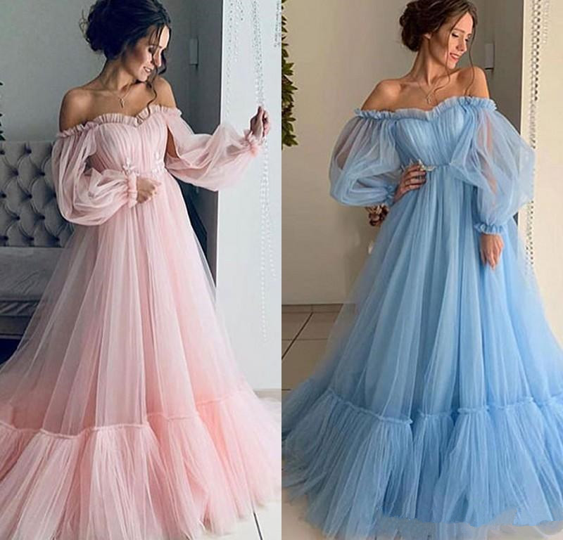 

Light Sky Blue Pink Evening Dresses with Poet Long Sleeve Elegant Off Shoulders Pleats Ruffles Party Prom Gowns Arabic Formal Pageant Dress, Fuchsia