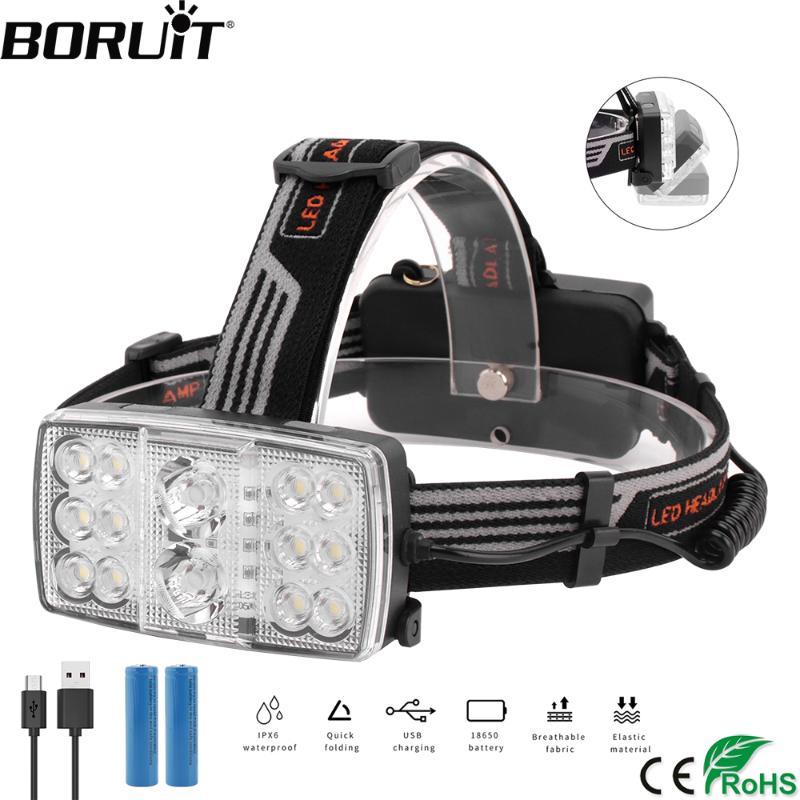 

BORUiT XPE+13*COB LED Headlamp Rechargeable 11-Mode Headlight 15000Lumen Head Torch Hunting Fishing 18650 Battery