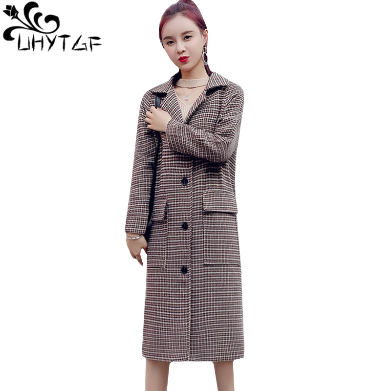 

UHYTGF Women Spring autumn coats 2019 New plaid long wool coat Fashion single-breasted plus size tops outerwear abrigo mujer 430, Houndstooth