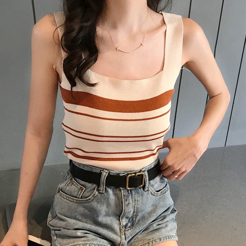 

Summer Striped Knitted Camisole Women Sexy Color Block Casual Slim Square Neck Tank Top, Black