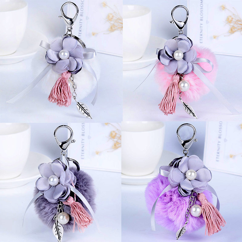 

Cute Fluffy Pearl Flower Handbag Pendant Key Chain Fashion Fancy Designer Plush Funny Doll Best Friend Keychain Bag Purse Charms