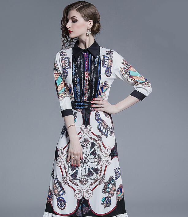 

Lapel neck scarf printed women long dress female summer A-line street style dresses Ankle-Length 3/4 sleeve, Multi