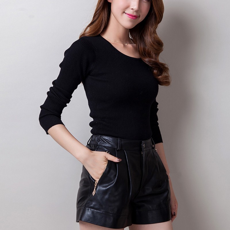 

Quality Elegant Ladies Genuine Leather High Waist Shorts Female Zipper Black Party Punk Wide Leg Trousers Plus Size M-3XL, Red