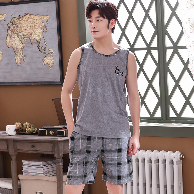 

100% Cotton Pajamas for Men Thin Vest Sleeveless Male Pocket Pyjama Set Homewear Sleep Pant Plus Size 3XL 4XL Pijamas De Hombre, H2021