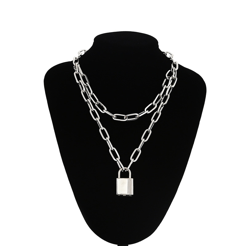 

Double layer Lock Chain necklace punk 90s link chain silver color padlock pendant necklace women fashion gothic jewelry