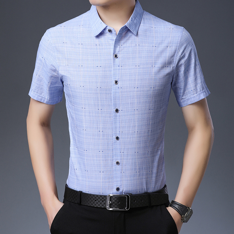 

Men Casual Plaid Blue Color Shirt Summer Short Sleeve Slim Fit Business Shirt Turn-down Collar Cotton Shirts for Men