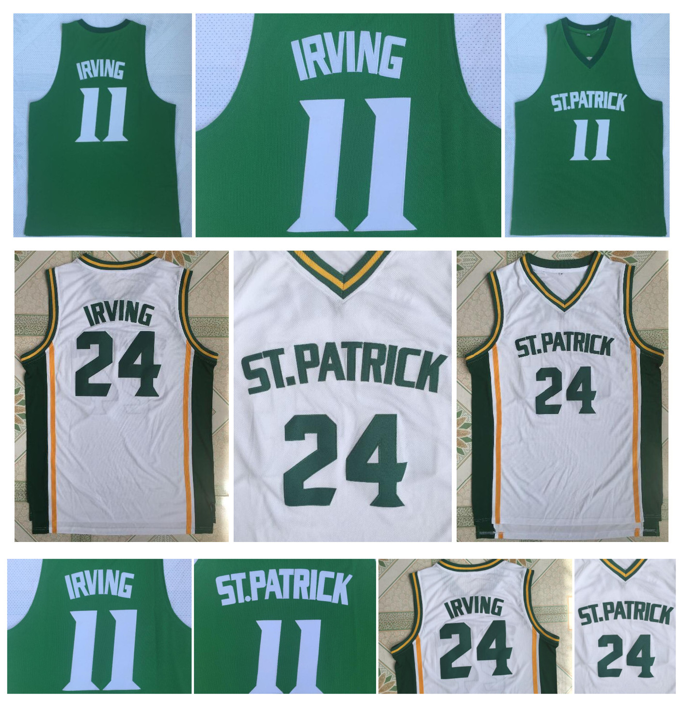 

Kyrie Irving 24 High School St. Patrick 11 Kyrie Irving College Basketball Jersey Stitched White Green -2XL