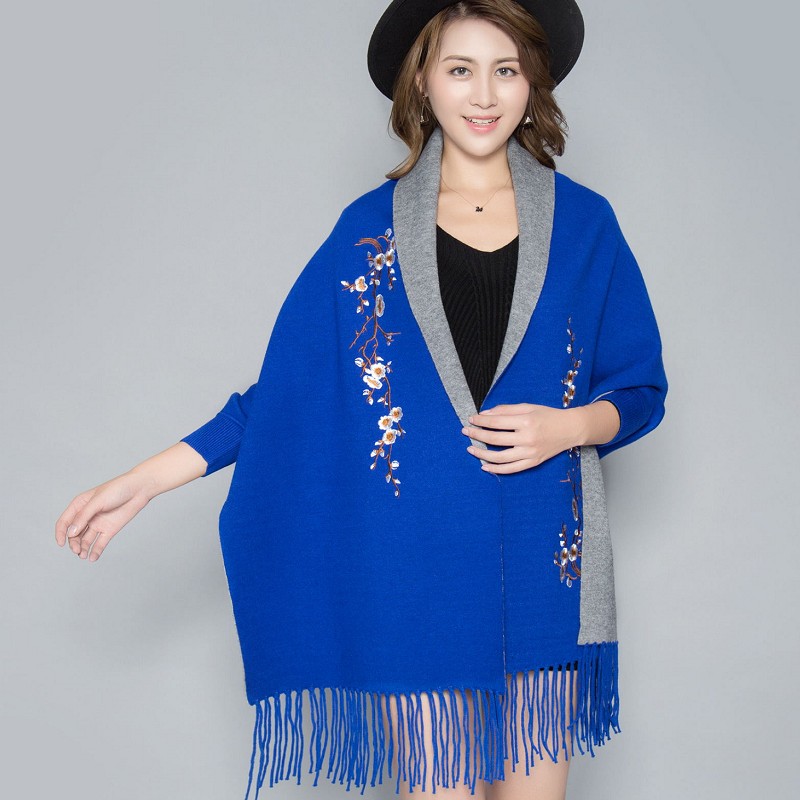 

Women Shawl Embroidery Flower Pashmina With Sleeves Plum Blossom Cape Cloak Versatile Coat Cashmere Like Thick Autumn Winter