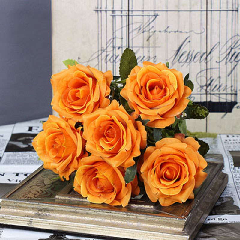 

6 Heads Artificial Roses White Silk Fake Roses Flower Faux Heads High Quality Diy Wedding Home Decoration Scrapbook Accessories, Orange