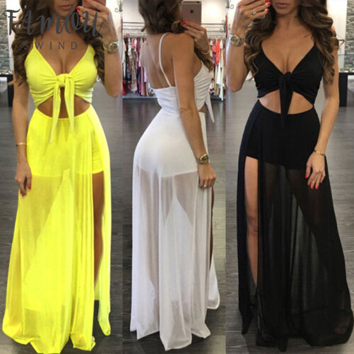 

Summer Womens Dresses Beach Wear Women deep V-Neck Waist Hollow Out Sexy mesh chiffon maxi long dress overall Holiday Sundress, Black