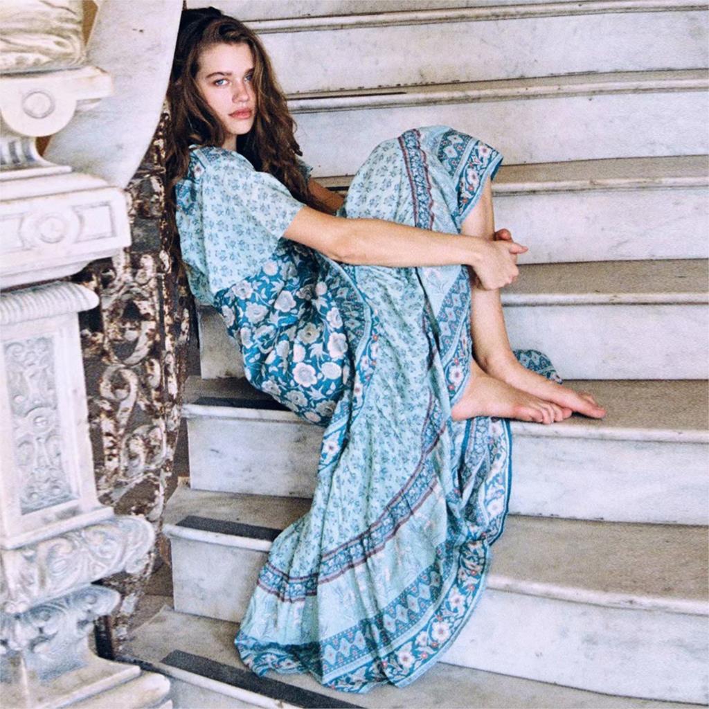 2020 Blue Floral Chic Maxi Dress Women 2020 Retro Short Sleeve V