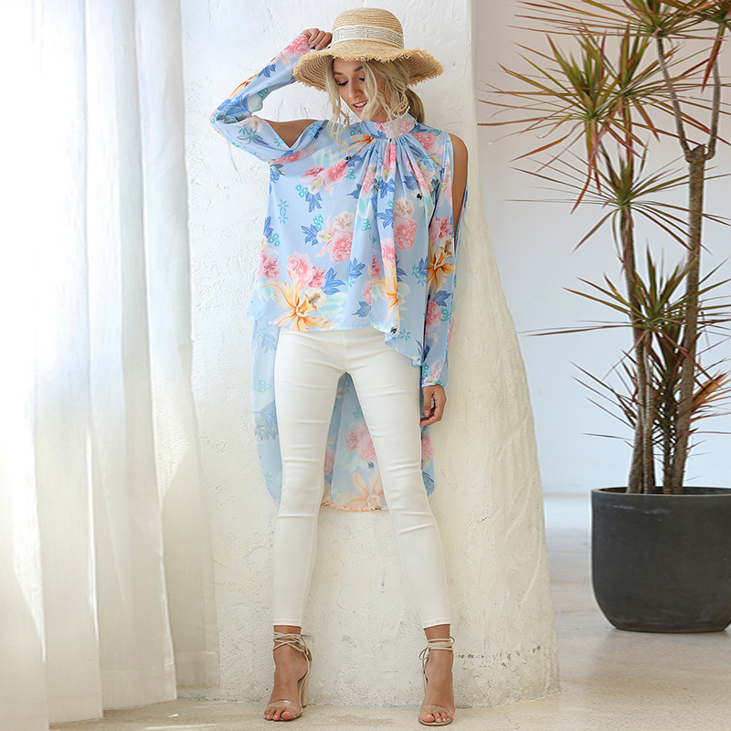 

Women Cold Shoulder Floral Printed Chiffon Tops Blouse Female Asymmetrial Long Top Shirt harajuku womens tops and blouses, Black