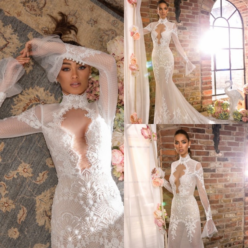 

2019 Elihav Sasson Mermaid Wedding Dresses High Neck Lace Applique Long Sleeve Bohemian Wedding Dress Sexy Illusion Boho Bridal Gowns, Red