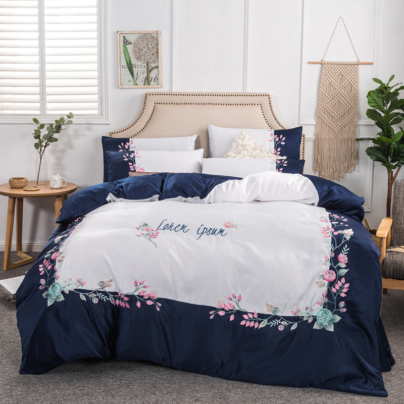 

Four Seasons Bedding Four-piece All Cotton Embroidery Double-sided Embroidery Bed Sheets Quilt Cover 60s Water Wash True Silk, 4pcs d
