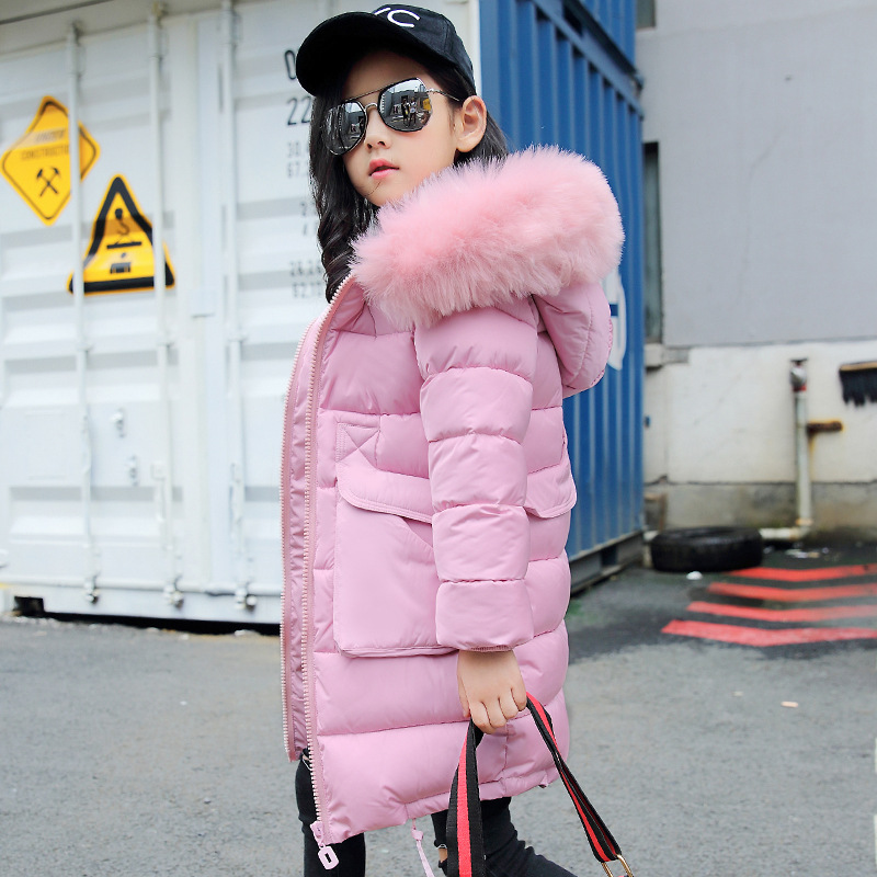 

Fashion Children Winter Jacket Girl Winter Coat Kids Warm Thick Fur Collar Hooded long down Coats For Teenage 4Y-14Y, Black