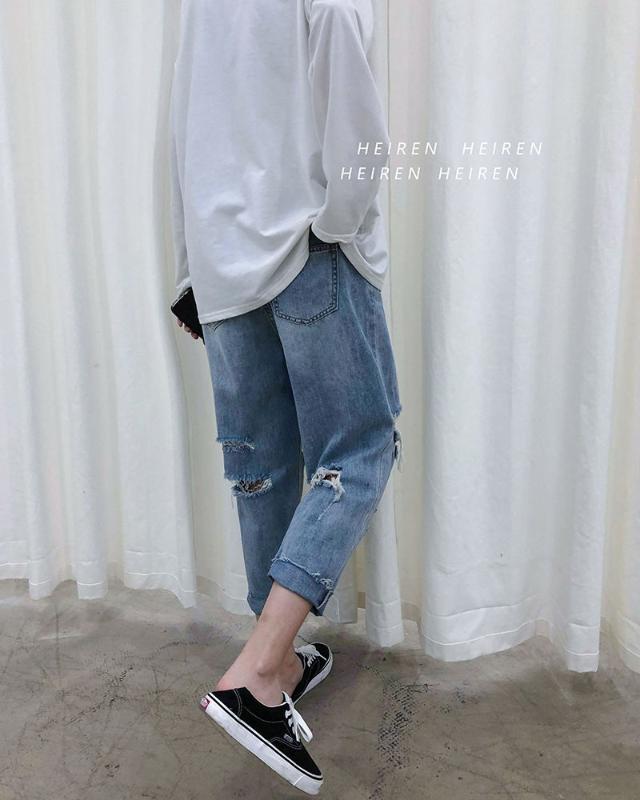 

2020 Summer New Youth Popular Couple Loose Solid Color Hole Nine Points Jeans Fashion Casual Straight Pants Blue -2XL
